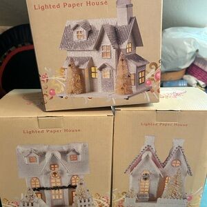 3 Lighted Paper house, Snow Babies Department 56 and Christmas Decorations